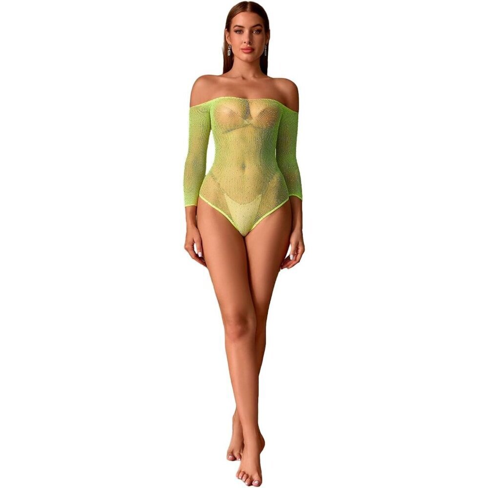 Women's Green Sexy Rhinestone Bodysuit | Sparkle Mesh Fishnet Teddy Lingerie